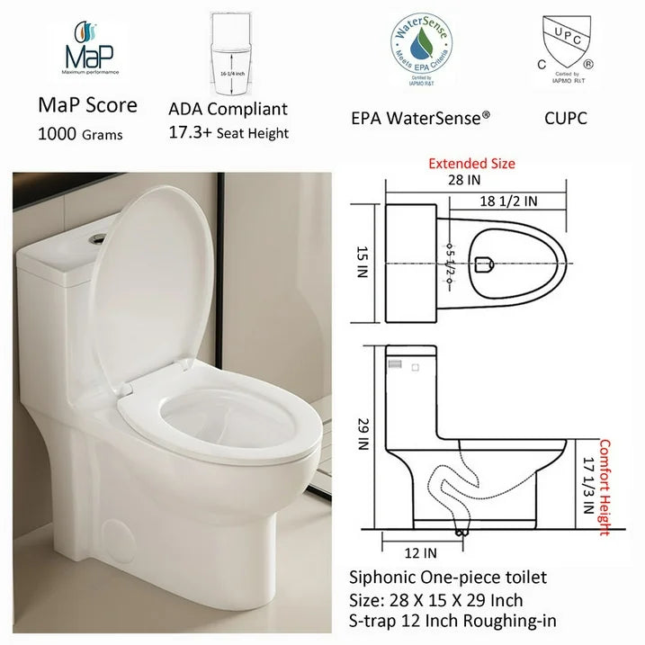 Largrcare Modern One Piece Toilet with Soft Close Seat , Elongated Toilet with Comfort Seat Height, ADA Chair Height 17.32", Dual Flush 1.1/1.6 GPF & MAP 1000g, Standard White Toilet Bowl