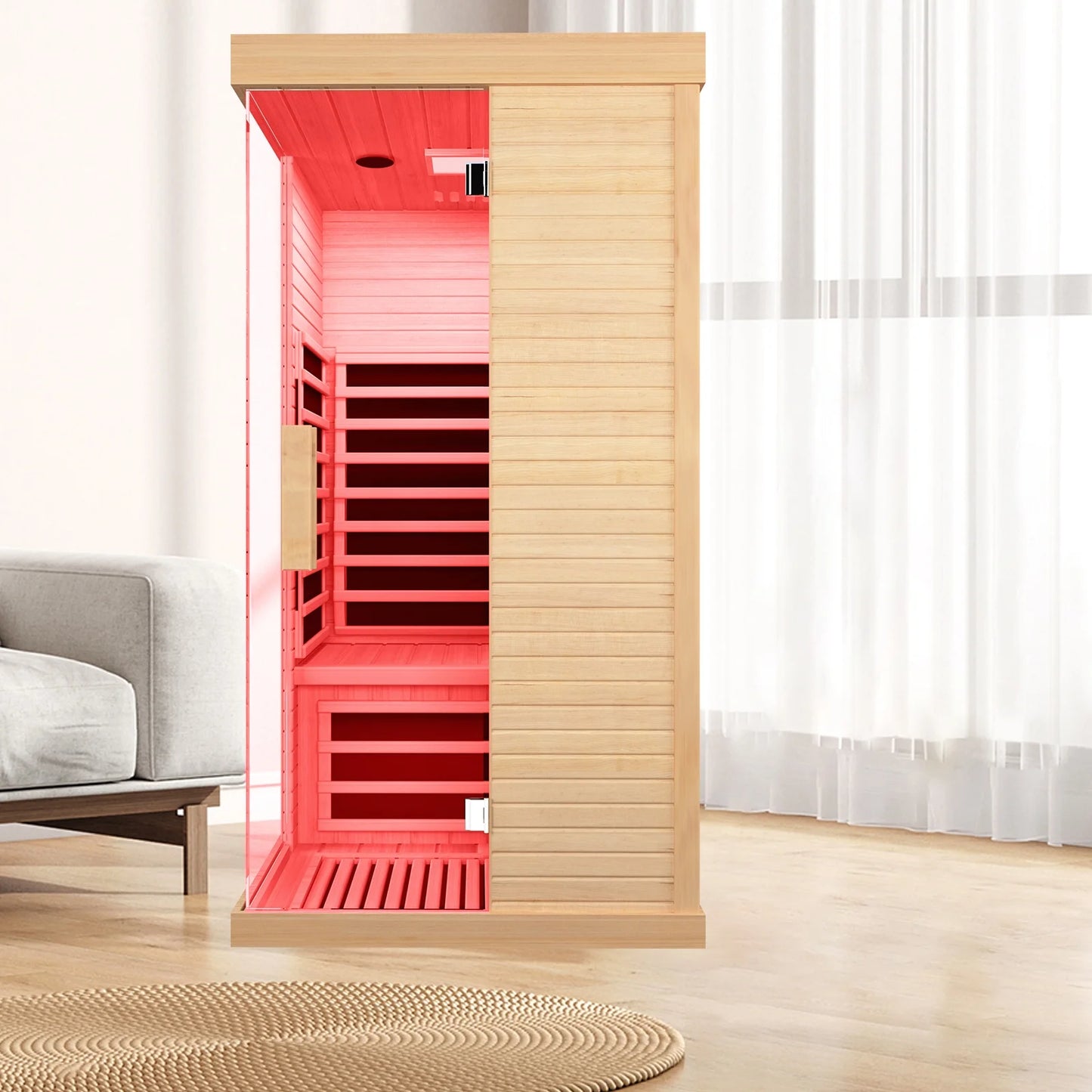 Largecare Infrared Sauna with Colorful Ambient Lighting and 2 Bluetooth Players, Home Sauna with A Weight Capacity of 330 LBS, Canadian Hemlock Single Sauna Room, Ancient Oak, 2.8’ x 2.8’ x 5.9’