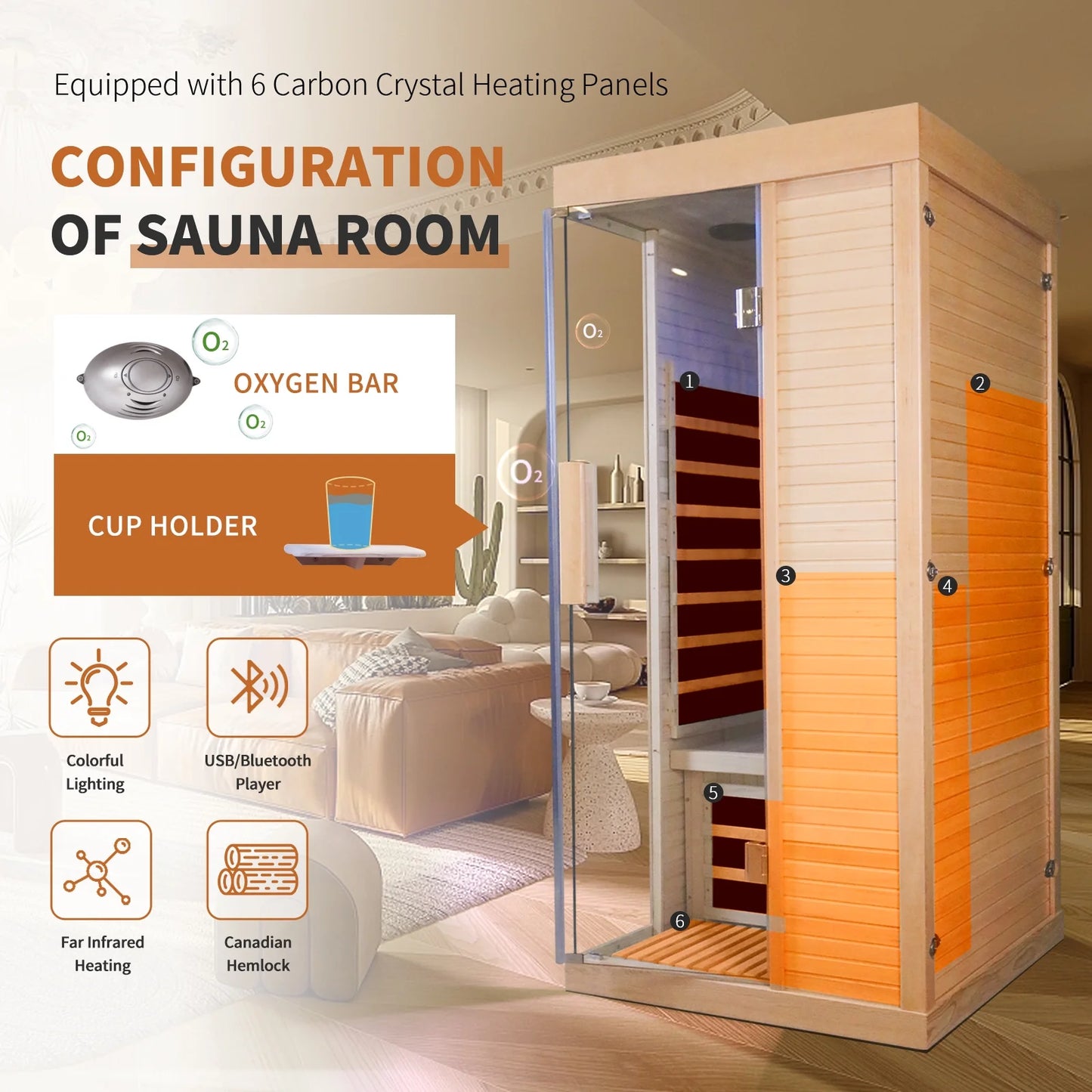 Largecare Infrared Sauna with Colorful Ambient Lighting and 2 Bluetooth Players, Home Sauna with A Weight Capacity of 330 LBS, Canadian Hemlock Single Sauna Room, Ancient Oak, 2.8’ x 2.8’ x 5.9’