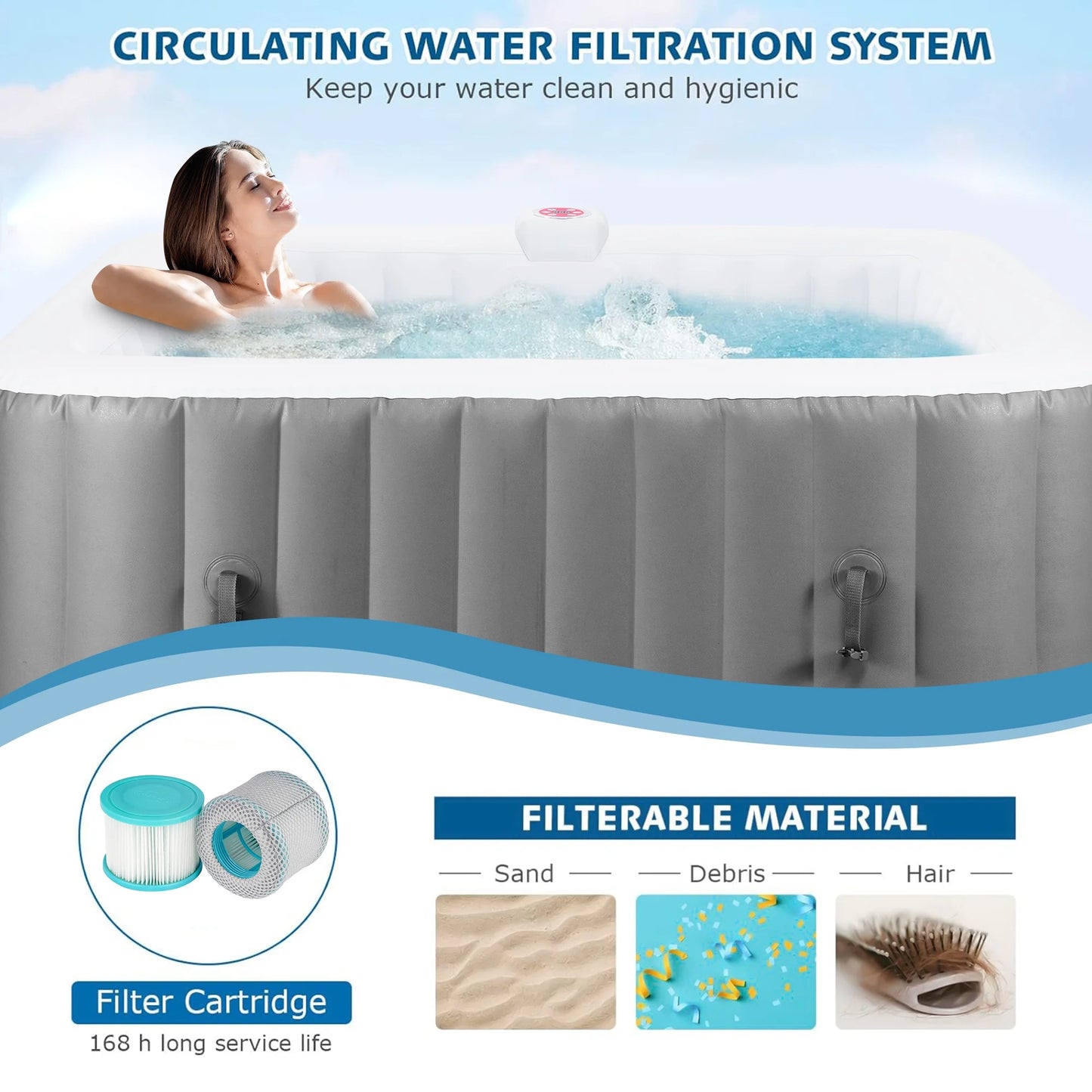 Largecare 73 inch 4-6 Person Inflatable Hot Tub Spa with Control Panel, Outdoor Portable Hottub with 130 Jets, Insulated Tub Cover and Floor Protector, Temperature up to 104°F, Gray