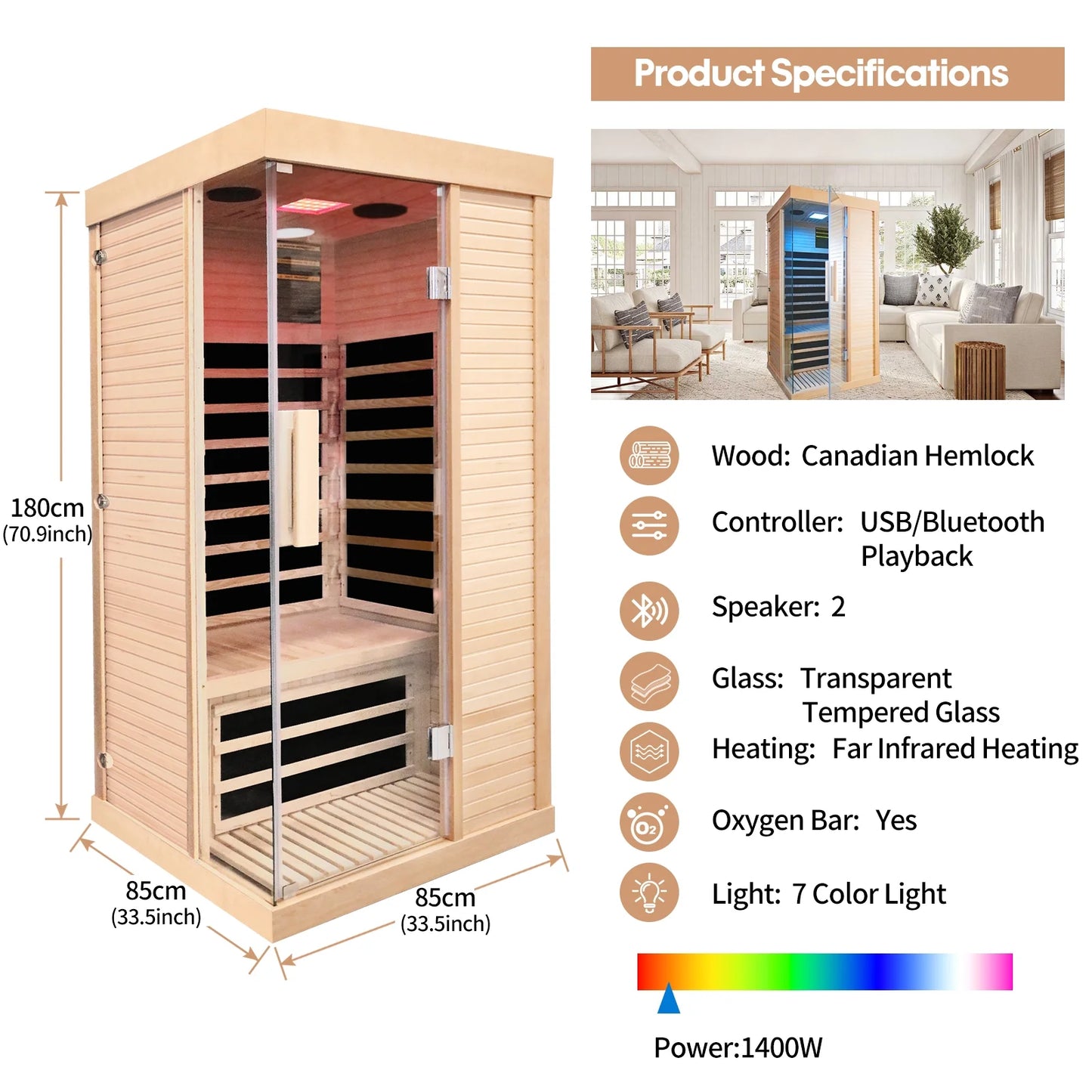 Largecare Infrared Sauna with Colorful Ambient Lighting and 2 Bluetooth Players, Home Sauna with A Weight Capacity of 330 LBS, Canadian Hemlock Single Sauna Room, Ancient Oak, 2.8’ x 2.8’ x 5.9’
