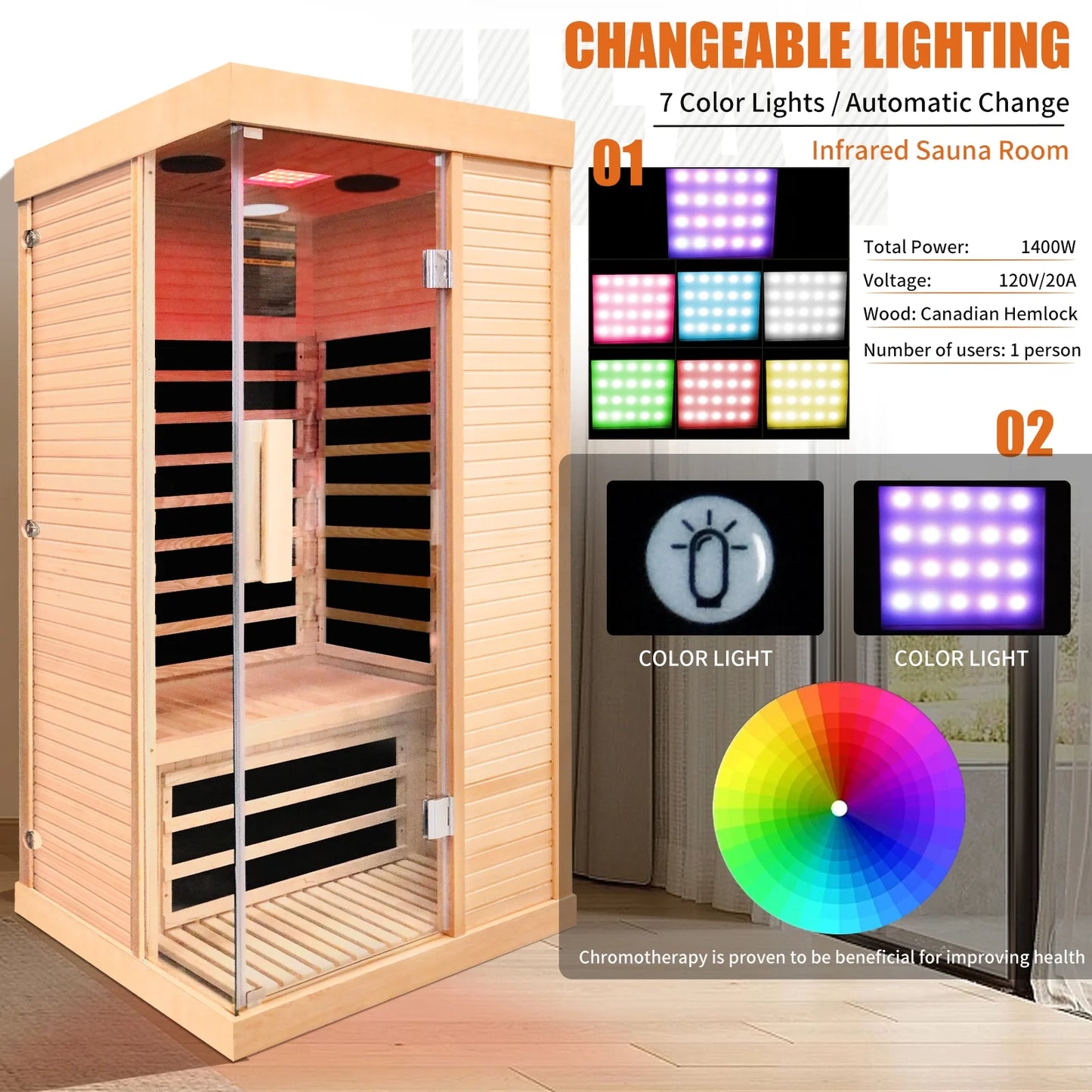 Largecare Infrared Sauna with Colorful Ambient Lighting and 2 Bluetooth Players, Home Sauna with A Weight Capacity of 330 LBS, Canadian Hemlock Single Sauna Room, Ancient Oak, 2.8’ x 2.8’ x 5.9’